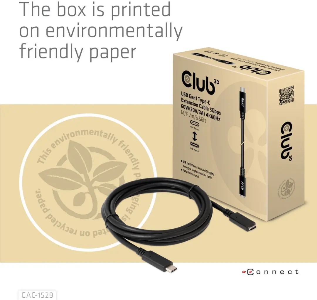 Club 3D USB-C Verlengkabel CAC-1529 5Gbps 60W 4K60Hz - 2m Zwart