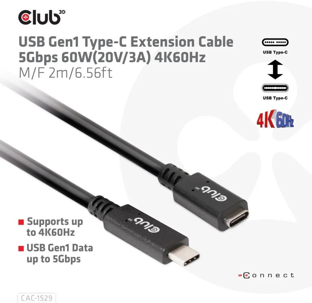 Club 3D USB-C Verlengkabel CAC-1529 5Gbps 60W 4K60Hz - 2m Zwart