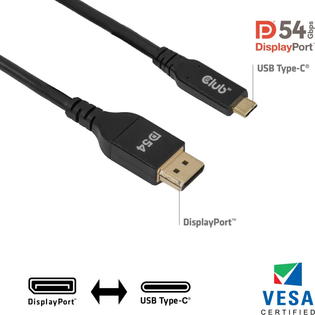 Club 3D USB-C naar DisplayPort 2.1 DP54 Kabel 8K120Hz 2m - Zwart