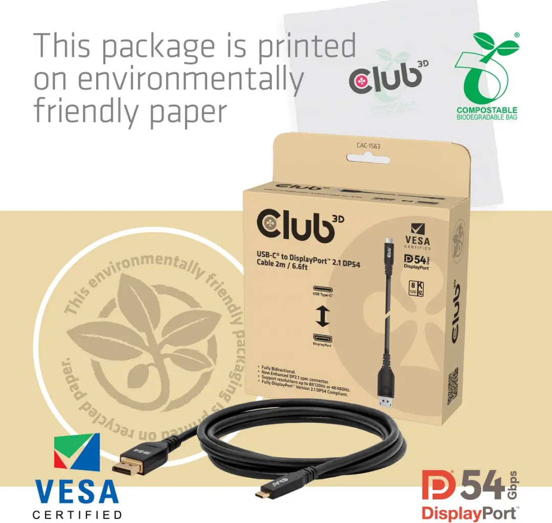 Club 3D USB-C naar DisplayPort 2.1 DP54 Kabel 8K120Hz 2m - Zwart - afbeelding 6 van 6