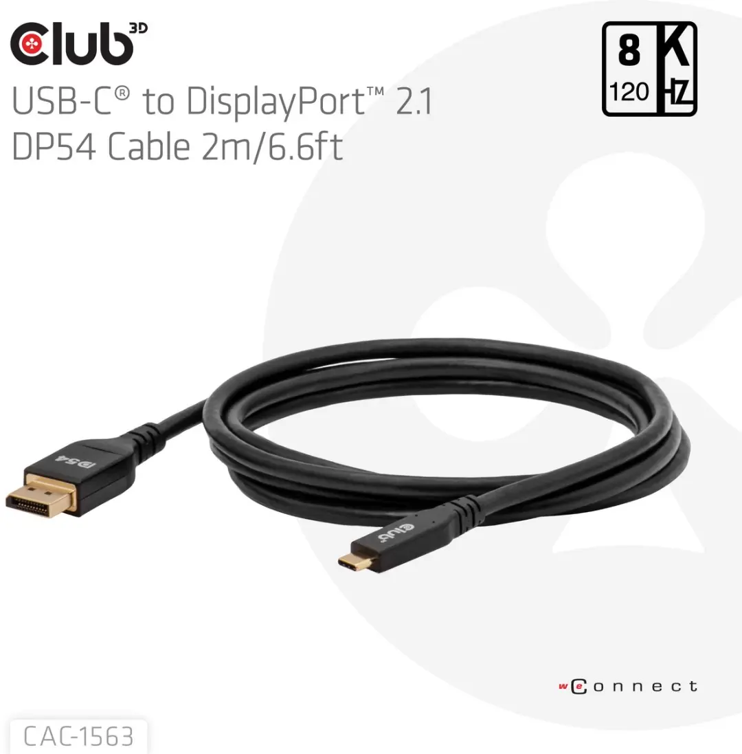 Club 3D USB-C naar DisplayPort 2.1 DP54 Kabel 8K120Hz 2m - Zwart