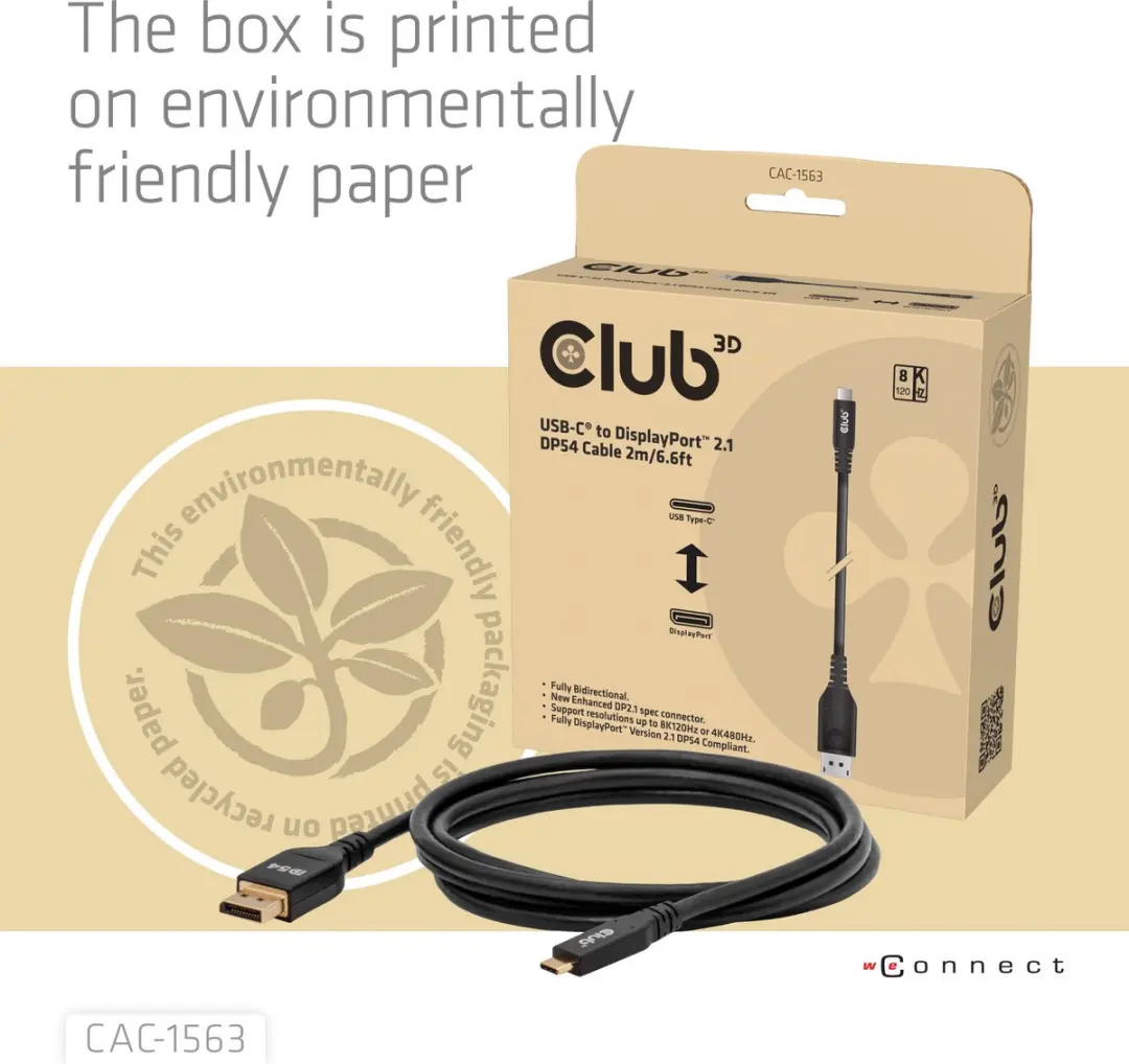 Club 3D USB-C naar DisplayPort 2.1 DP54 Kabel 8K120Hz 2m - Zwart