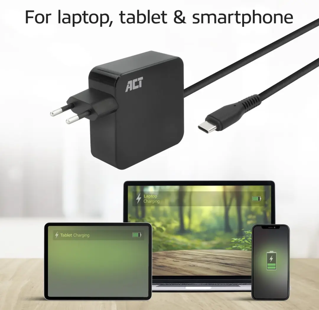 ACT AC2010 USB-C Laptoplader 65W - 2m - Zwart - afbeelding 6 van 6