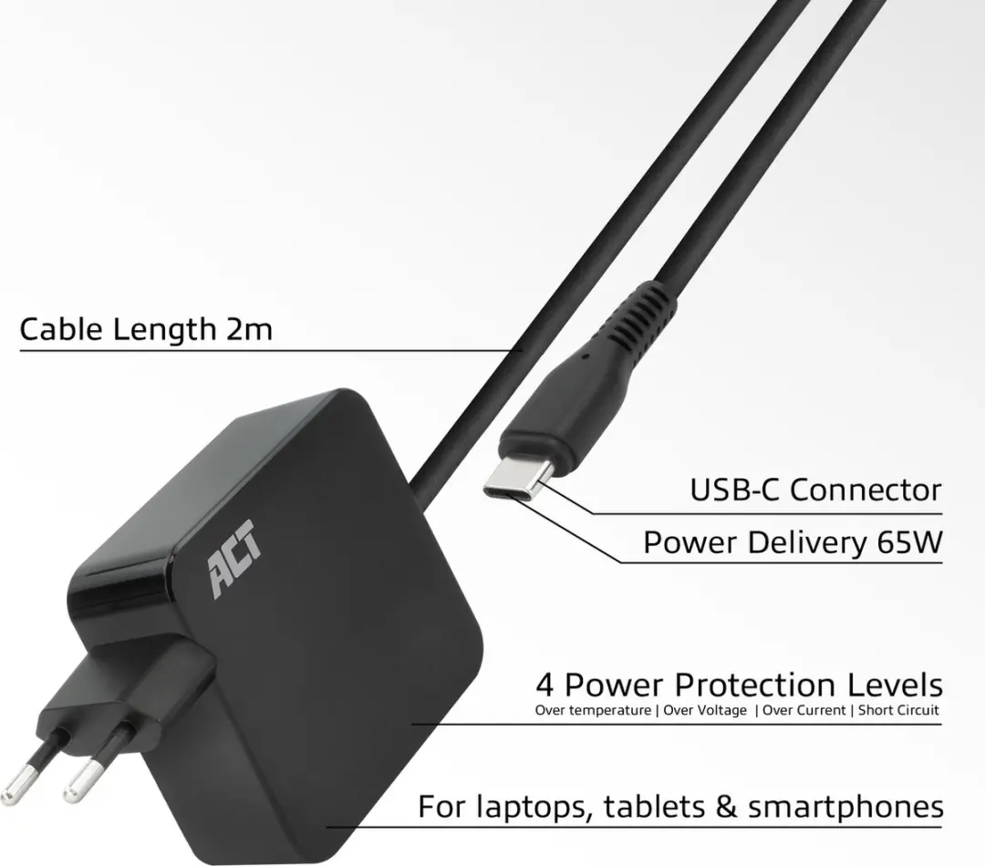 ACT AC2010 USB-C Laptoplader 65W - 2m - Zwart