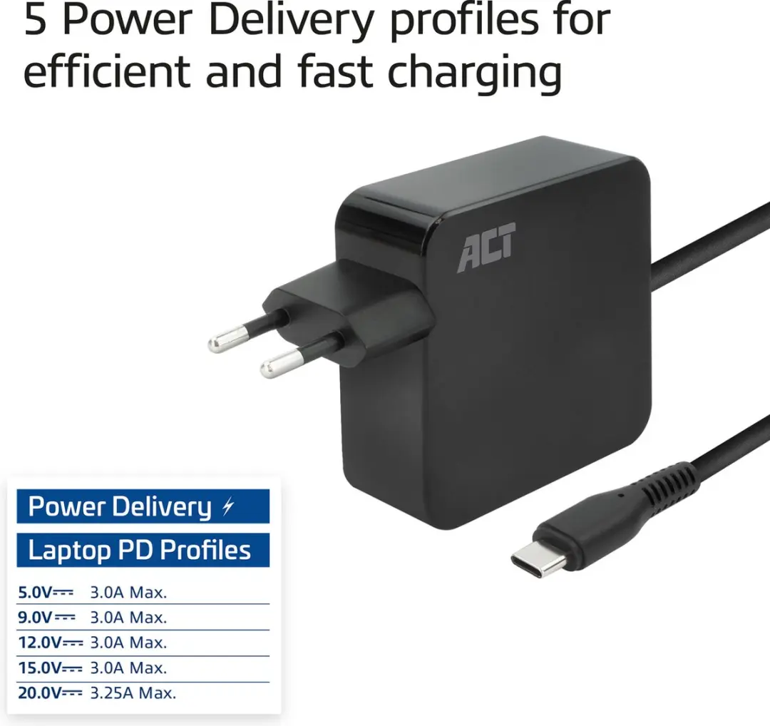 ACT AC2010 USB-C Laptoplader 65W - 2m - Zwart