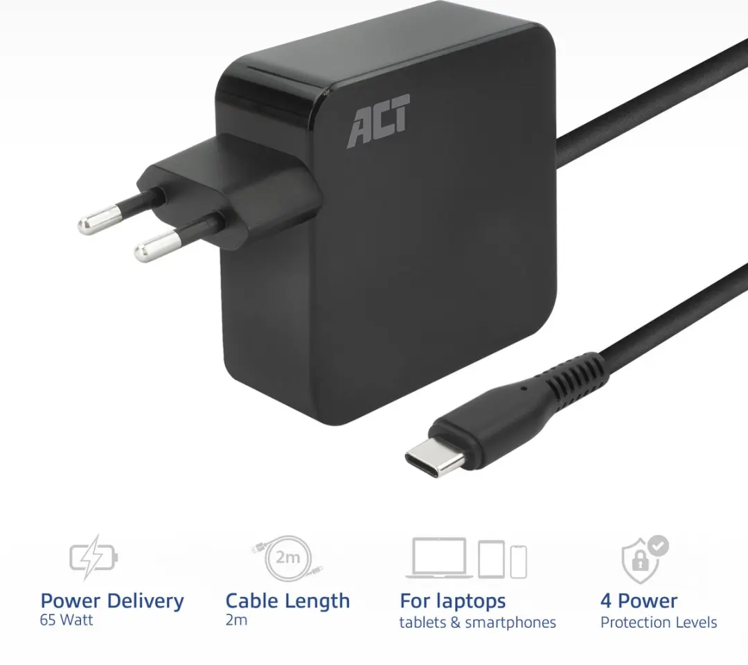 ACT AC2010 USB-C Laptoplader 65W - 2m - Zwart