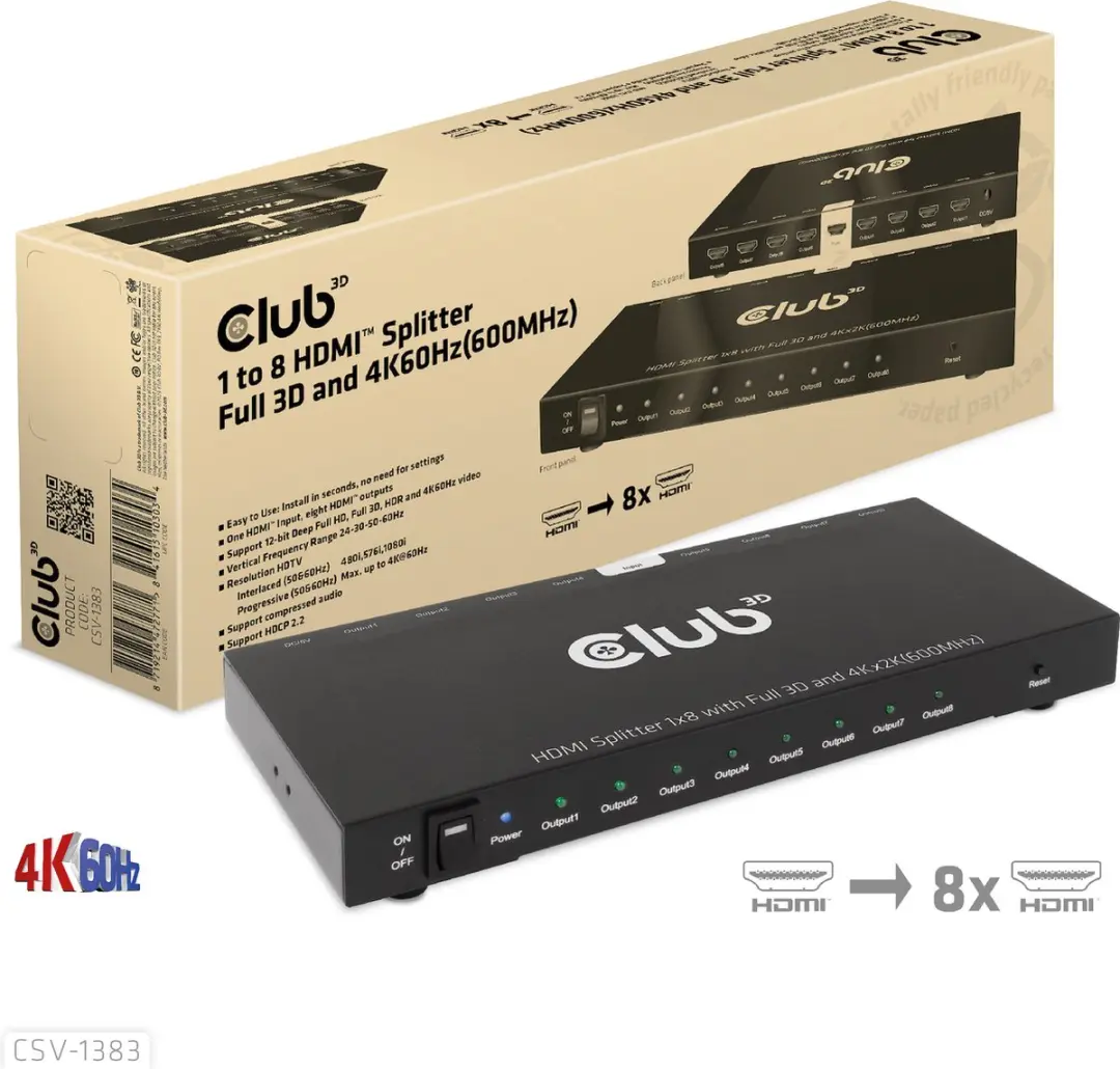 Club3D CSV-1383 HDMI Splitter 1x8 - 4K60Hz