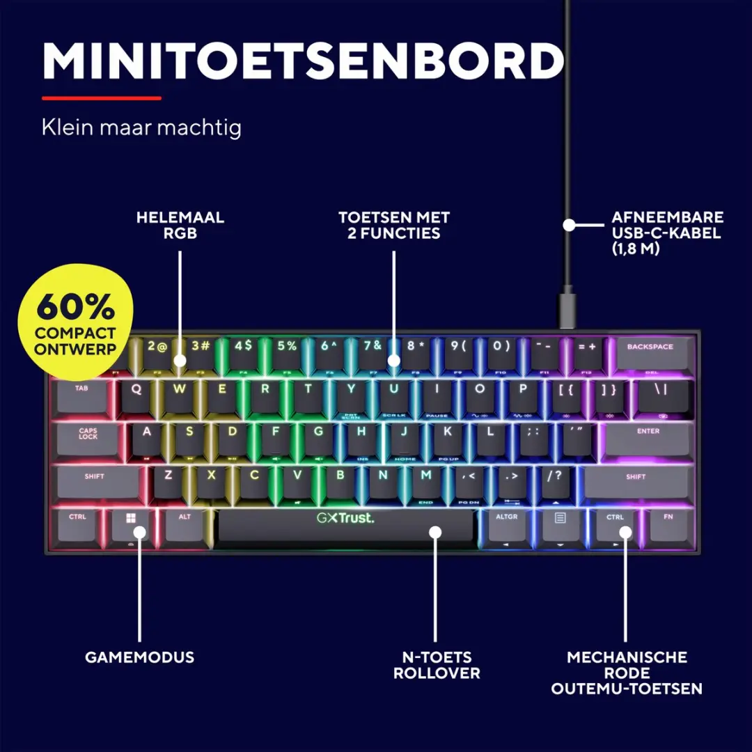 Trust GXT 867 Acira Gaming Toetsenbord - 60% Mechanisch RGB - AZERTY