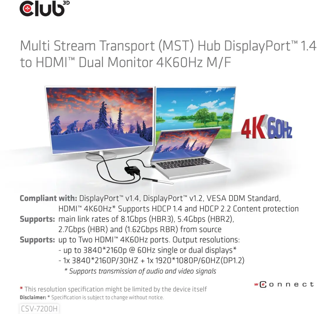 Club 3D MST Hub DisplayPort 1.4 naar HDMI/DisplayPort 4K60Hz - Zwart