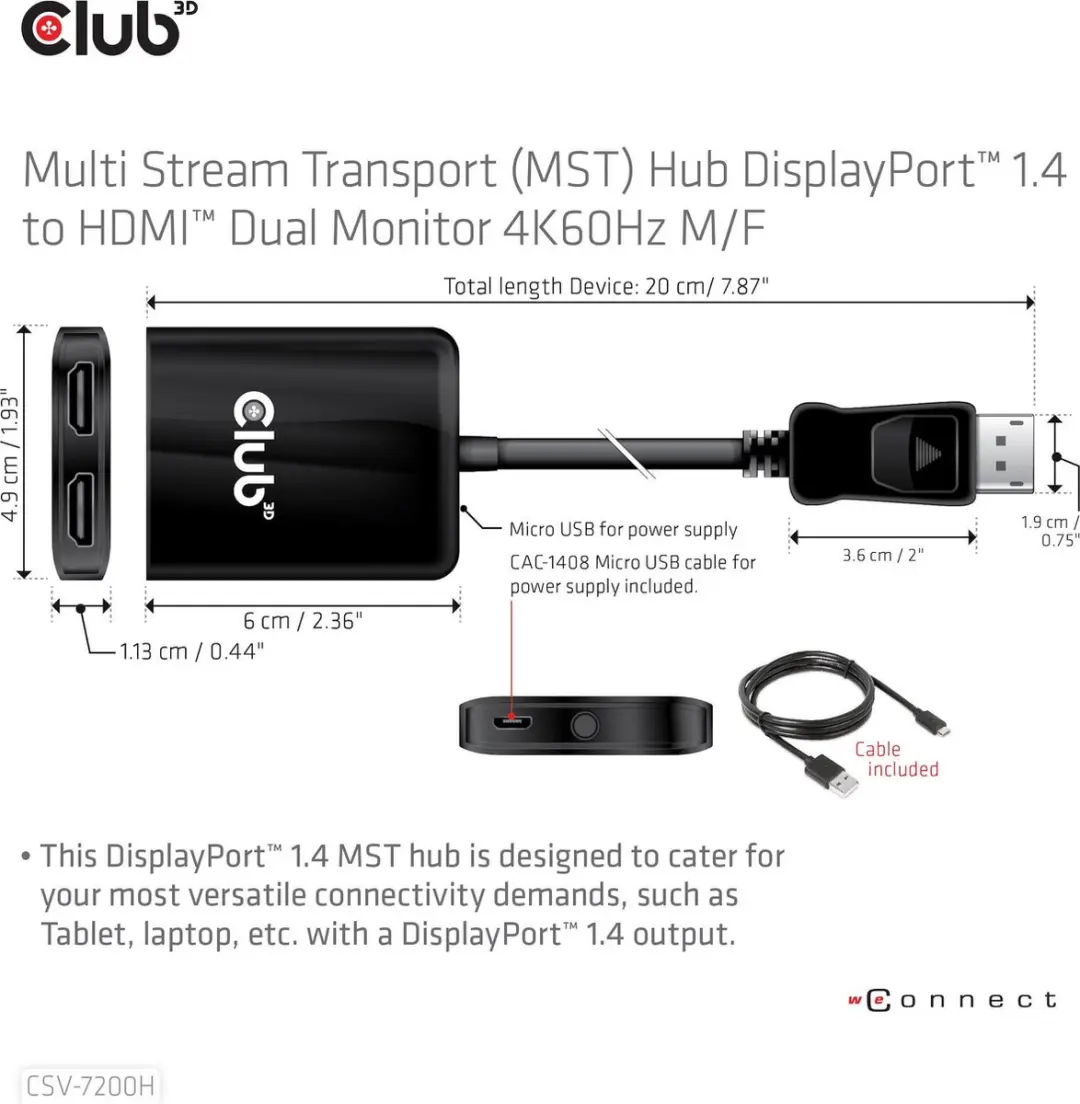 Club 3D MST Hub DisplayPort 1.4 naar HDMI/DisplayPort 4K60Hz - Zwart