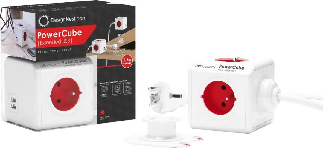 PowerCube Extended USB Wandcontactdoos - 4 Stopcontacten 3500W Rood