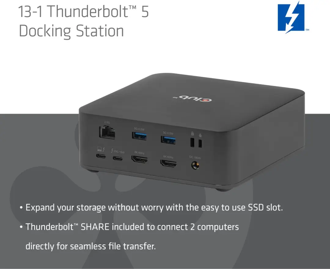Club 3D 13-1 Thunderbolt 5 Docking Station M.2 - 2x HDMI 8K60Hz - 180W - Zwart