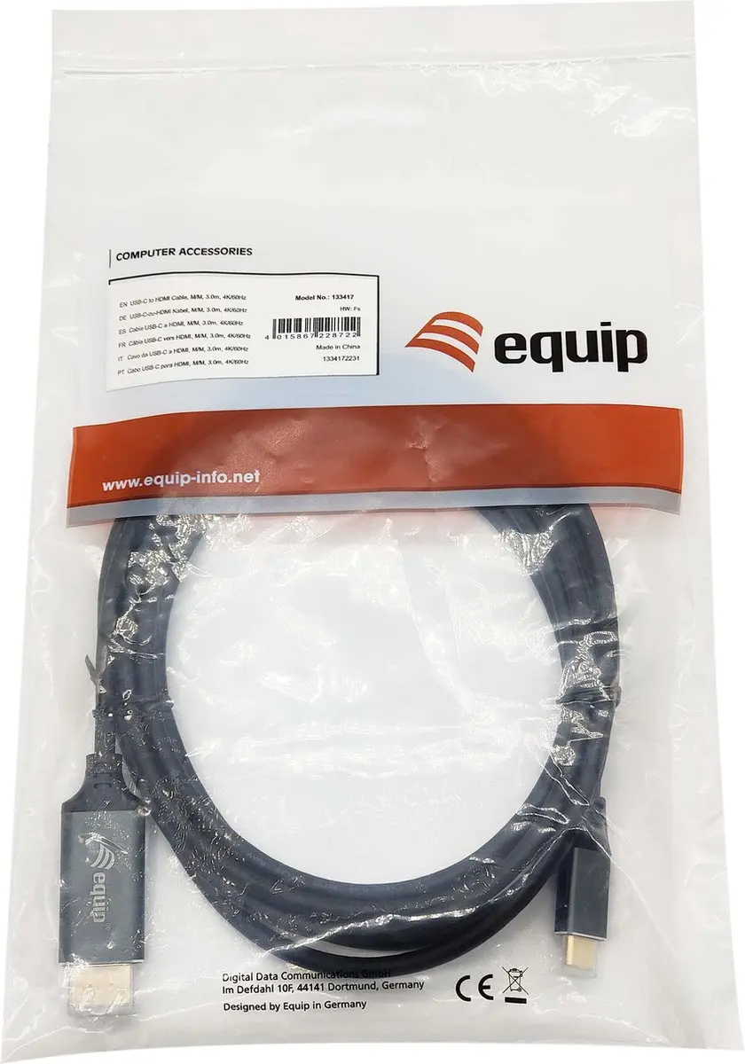 Equip 133417 USB-C naar HDMI Adapter 3m - Grijs/Zwart