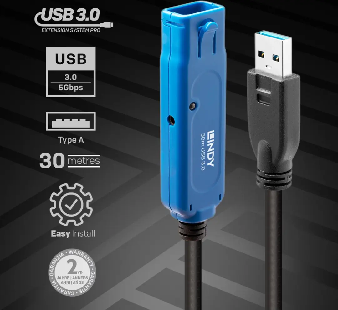 Lindy 43362 USB 3.2 Gen 1 Kabel 30m - A Zwart/Blauw