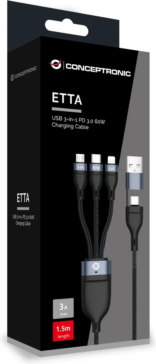 Conceptronic ETTA05B15 USB-kabel 1,5m - USB-C/USB-C/Micro-USB/Lightning - Zwart - afbeelding 2 van 3