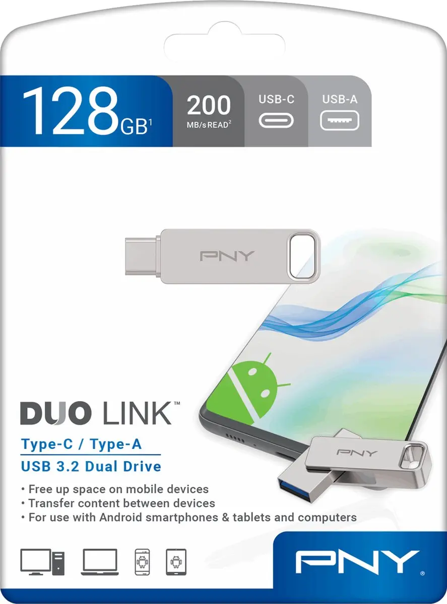 PNY Duo Link USB-A/USB-C OTG 128GB - Zilver