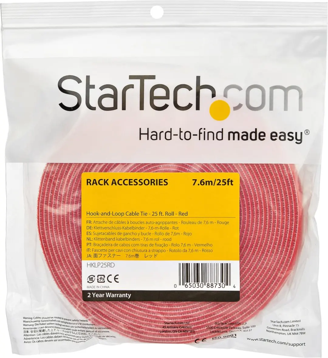 Startech Hook and Loop Tape 7,6m - Rood