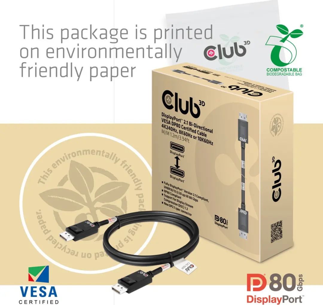 Club3D DisplayPort 2.1 Kabel 1,2m - 4K240Hz/8K60Hz/10K60Hz - Zwart