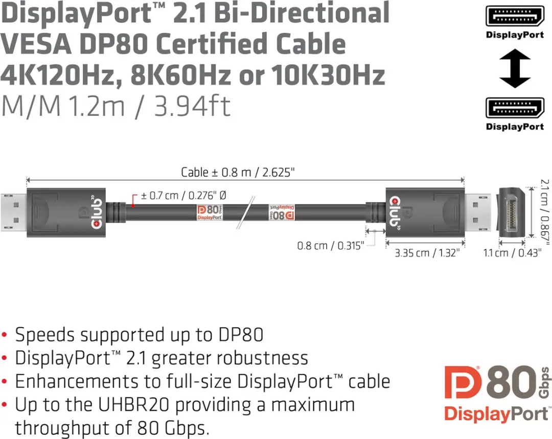 Club3D DisplayPort 2.1 Kabel 1,2m - 4K240Hz/8K60Hz/10K60Hz - Zwart