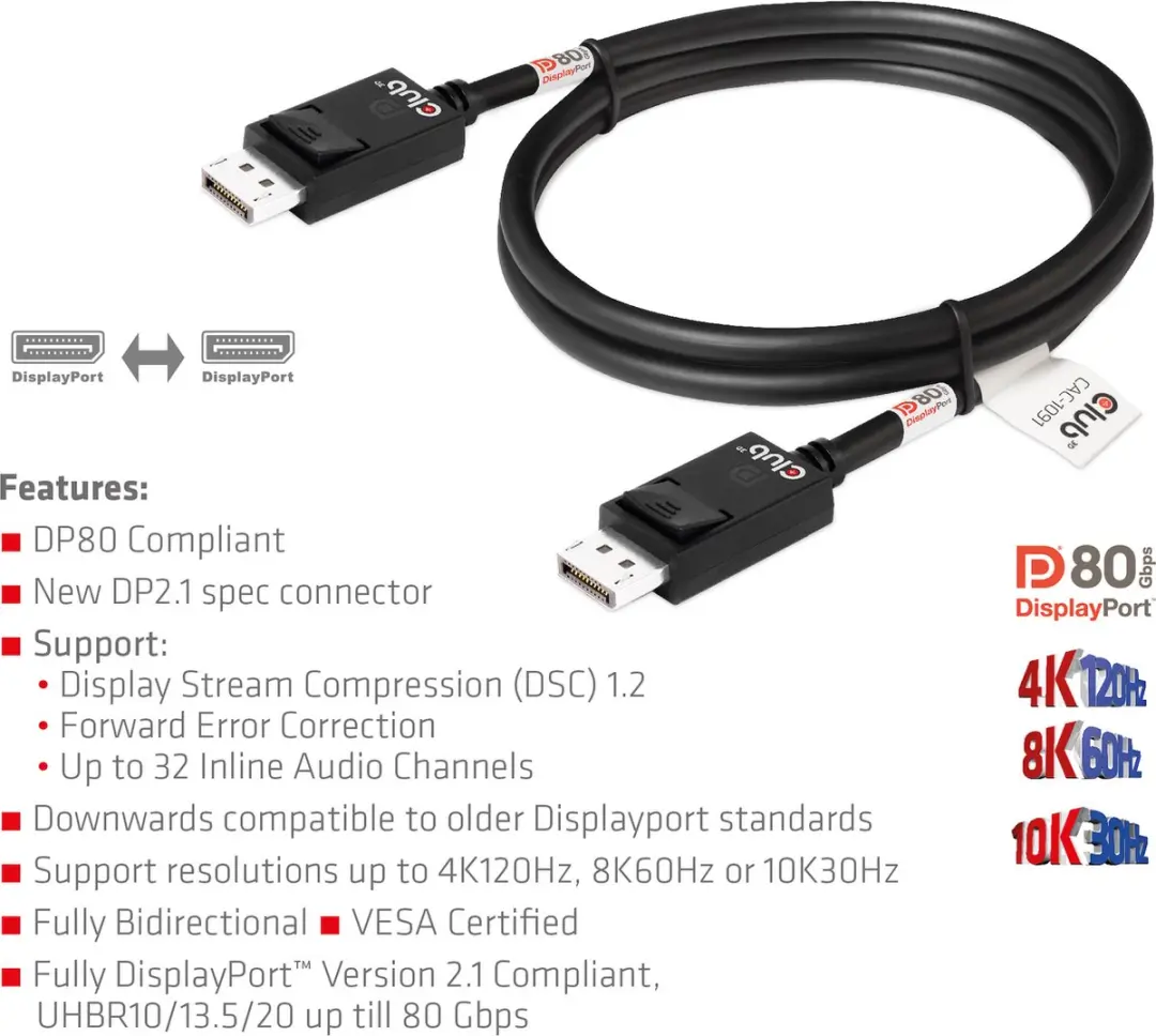 Club3D DisplayPort 2.1 Kabel 1,2m - 4K240Hz/8K60Hz/10K60Hz - Zwart - afbeelding 6 van 6