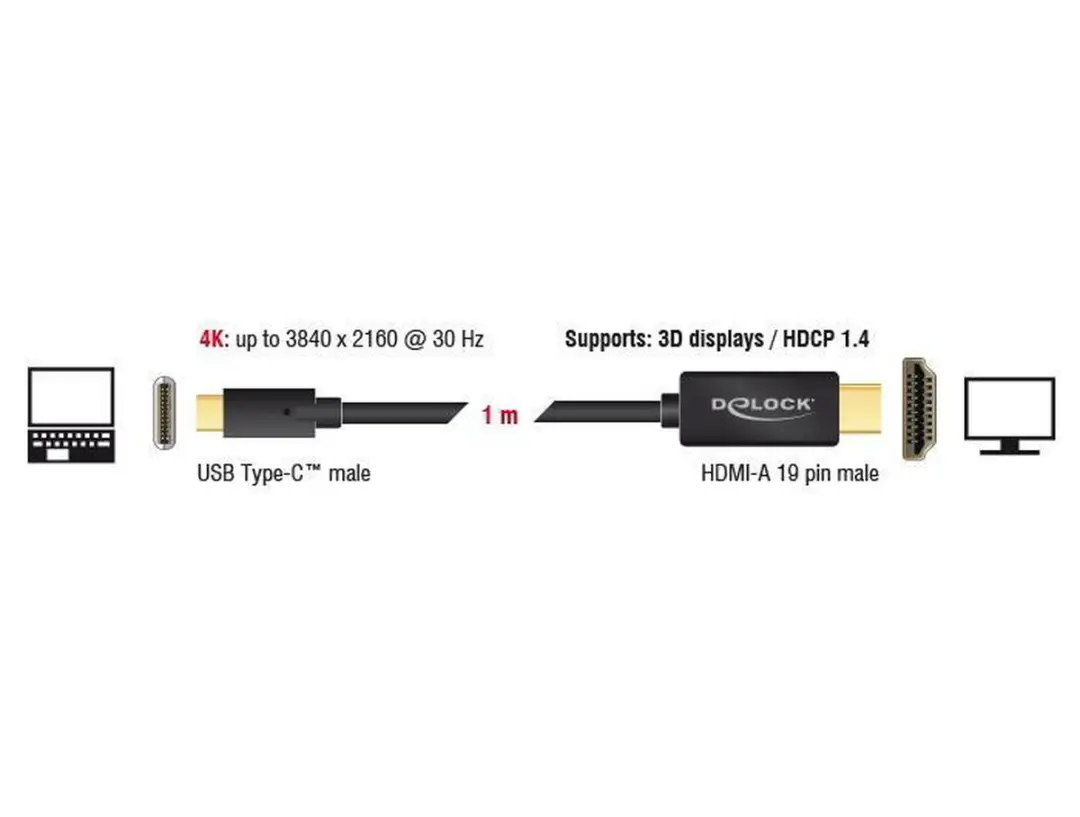 Delock USB-C naar HDMI Kabel 4K 30Hz - 2m - Zwart