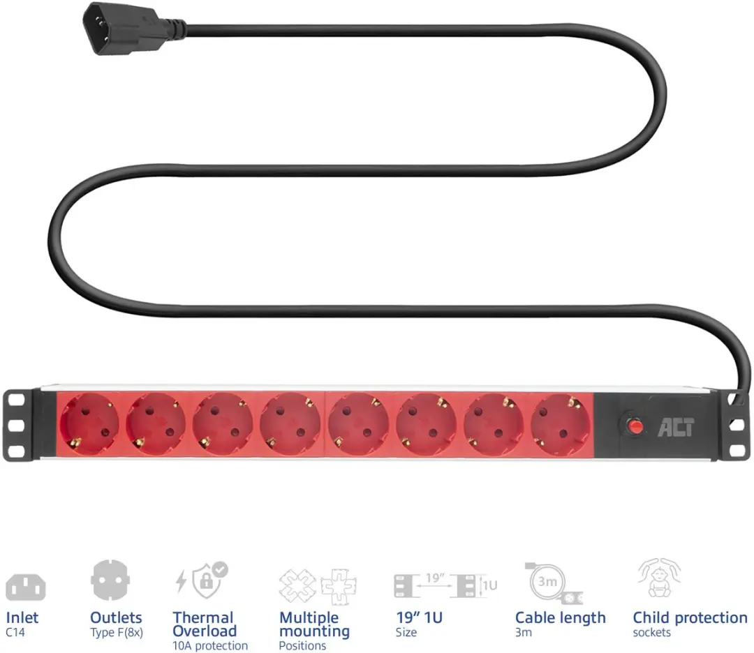 ACT PD3004 19" PDU 8-voudig - 4000W - Zwart/Rood