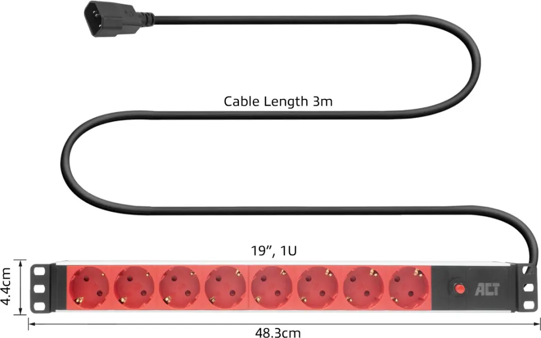 ACT PD3004 19" PDU 8-voudig - 4000W - Zwart/Rood - afbeelding 6 van 6
