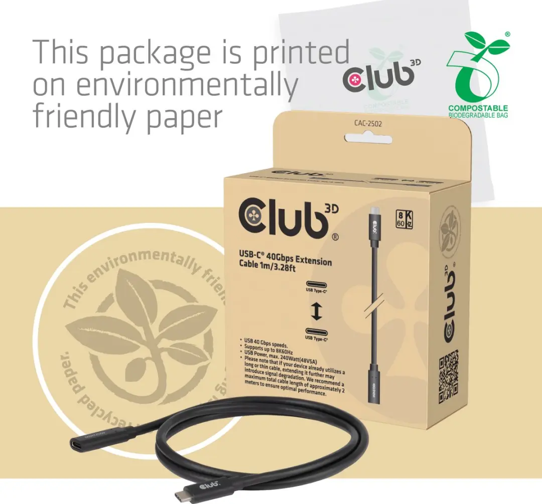 CLUB3D CAC-2502 USB-C Verlengkabel 40 Gbps - 1m - Zwart