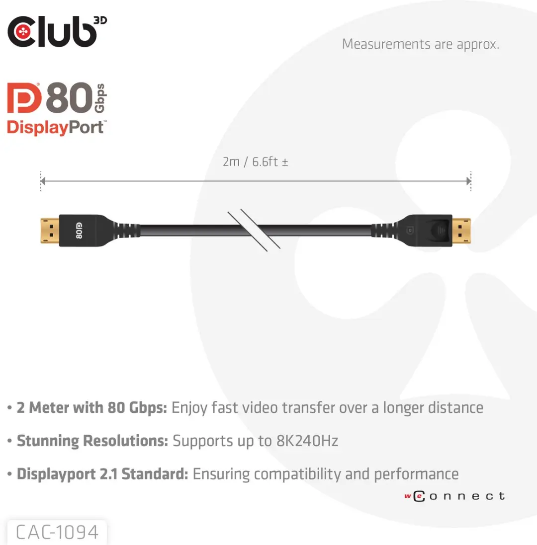 Club3D DP80 CAC-1094 DisplayPortkabel 8K240Hz - 2m - Zwart