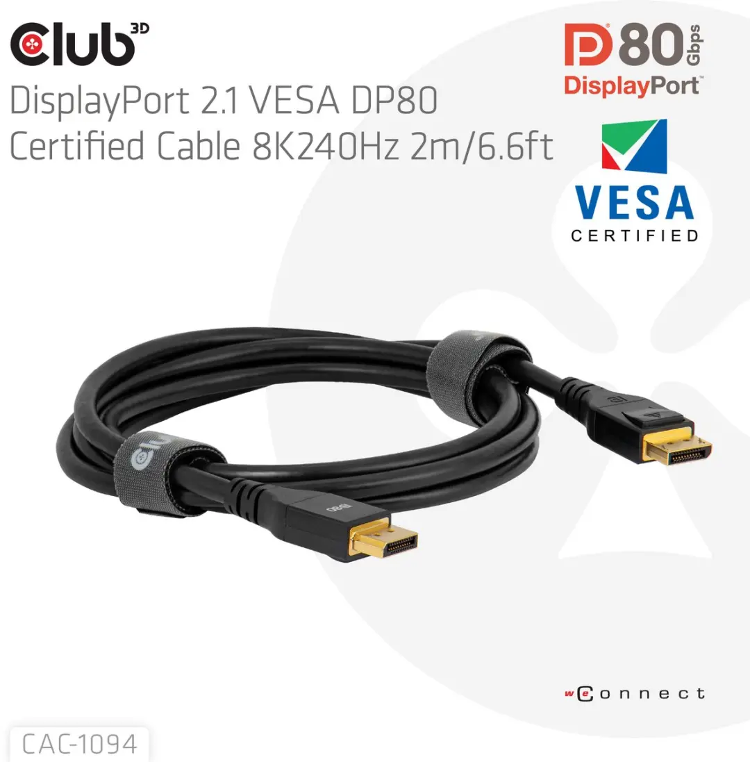 Club3D DP80 CAC-1094 DisplayPortkabel 8K240Hz - 2m - Zwart