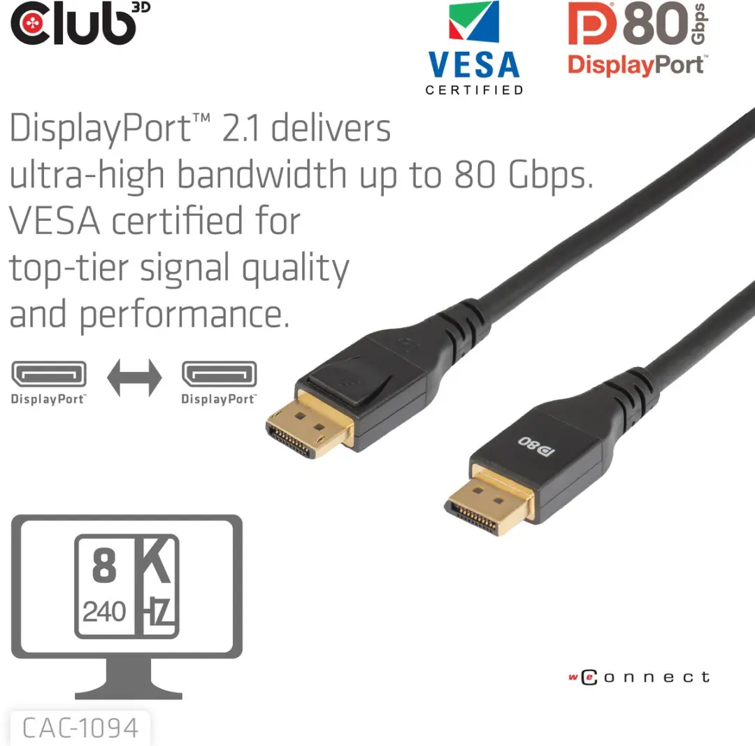 Club3D DP80 CAC-1094 DisplayPortkabel 8K240Hz - 2m - Zwart