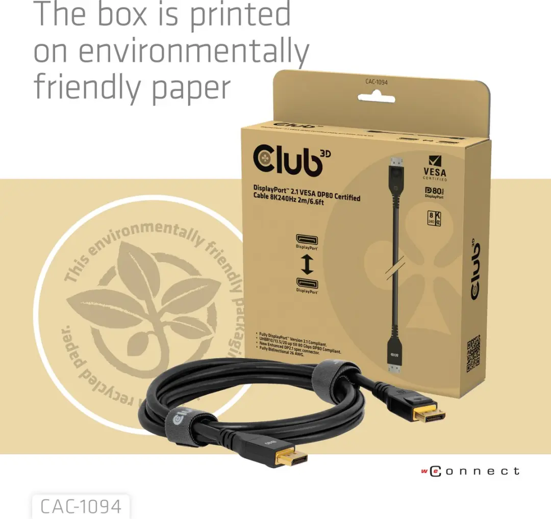 Club3D DP80 CAC-1094 DisplayPortkabel 8K240Hz - 2m - Zwart