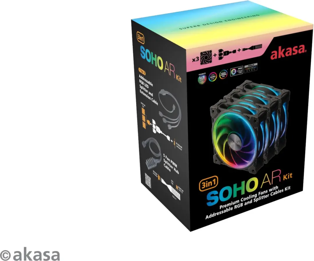 Akasa SOHO AR AK-FN108-KT03 ARGB PWM Ventilatoren 3 Stuks - 12cm Zwart