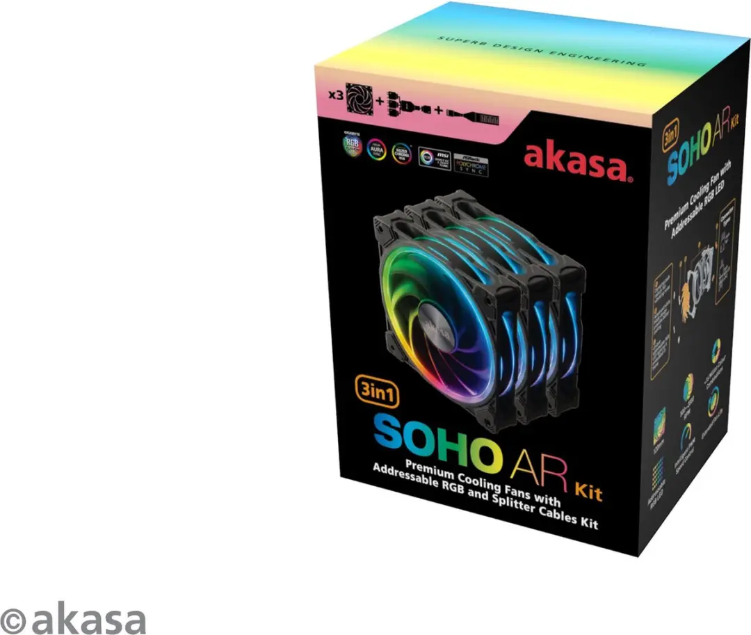 Akasa SOHO AR AK-FN108-KT03 ARGB PWM Ventilatoren 3 Stuks - 12cm Zwart