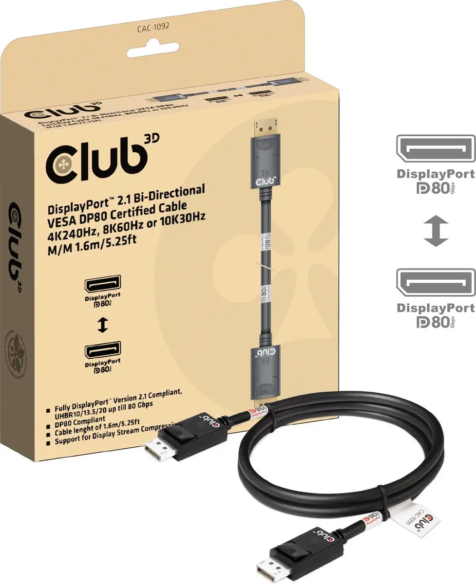 Club 3D DisplayPort 2.1 Kabel 1.6m - 10K60Hz/8K60Hz/4K120Hz - Zwart