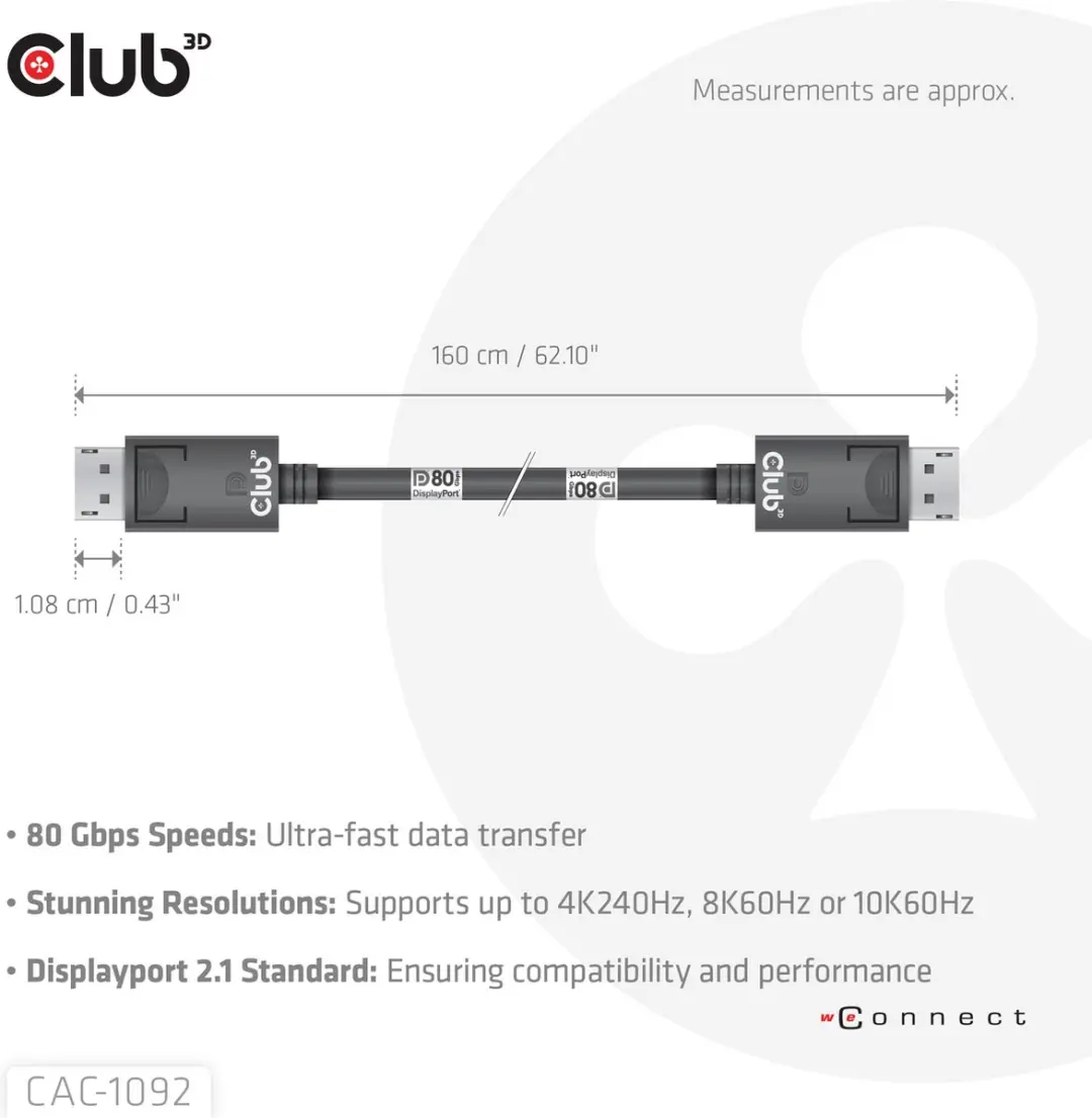 Club 3D DisplayPort 2.1 Kabel 1.6m - 10K60Hz/8K60Hz/4K120Hz - Zwart - afbeelding 6 van 6