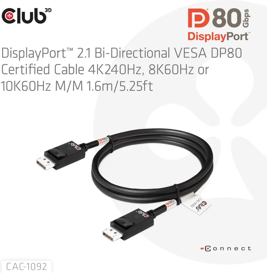 Club 3D DisplayPort 2.1 Kabel 1.6m - 10K60Hz/8K60Hz/4K120Hz - Zwart