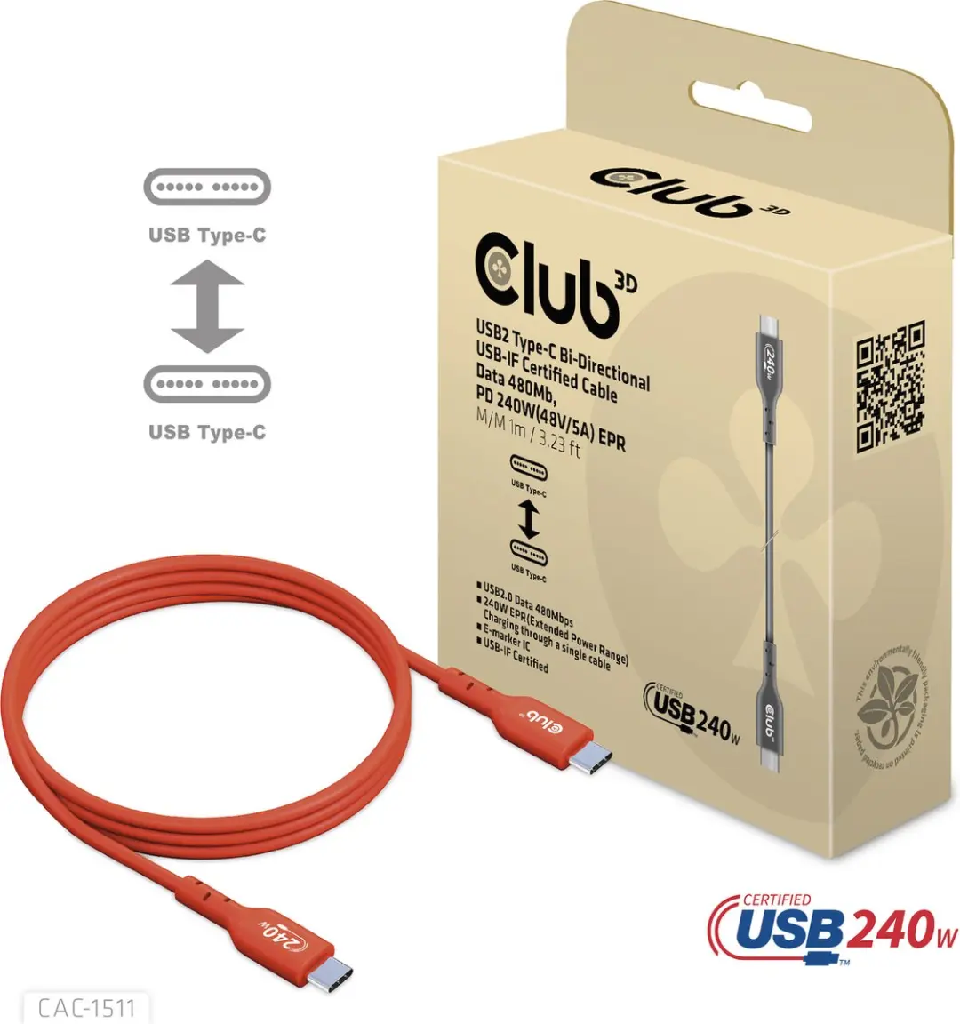 Club 3D USB-C Kabel 480Mb/s PD 240W EPR 4m