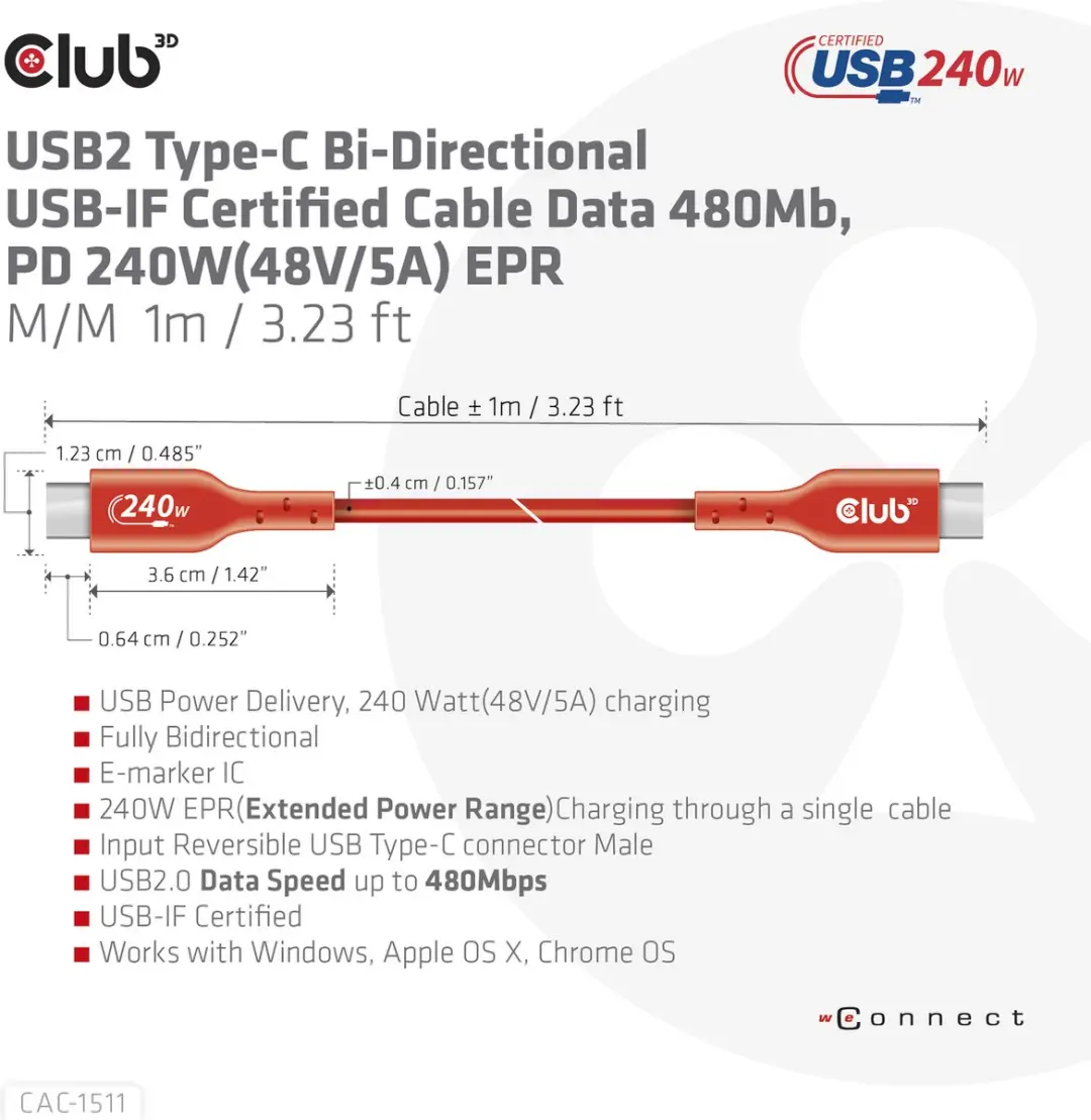 Club 3D USB-C Kabel 480Mb/s PD 240W EPR 4m - Oranje