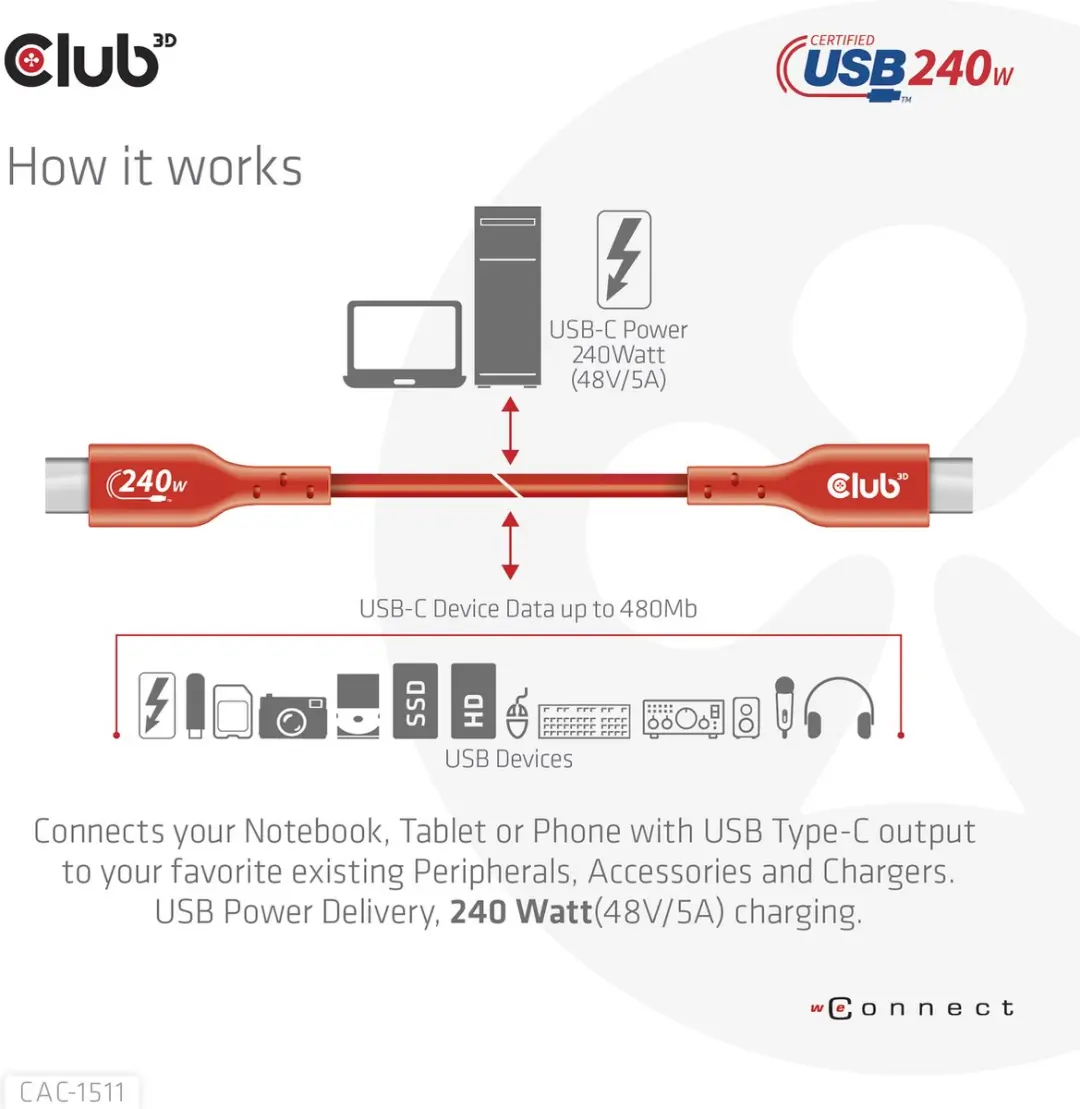 Club 3D USB-C Kabel 480Mb/s PD 240W EPR 4m - Oranje