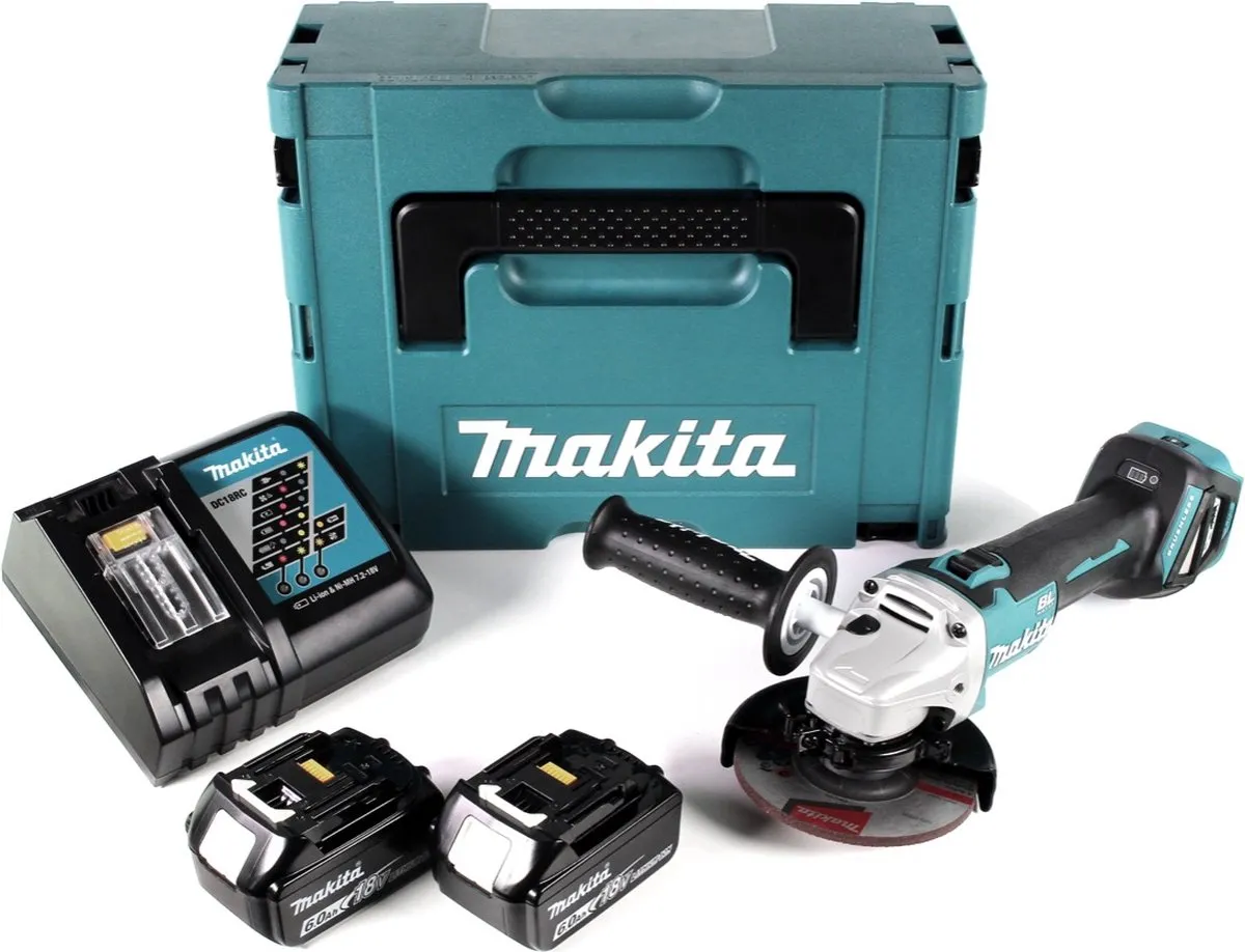Makita DGA 511 RGJ Haakse Slijper 125mm - 2x 6,0Ah Accu + Oplader