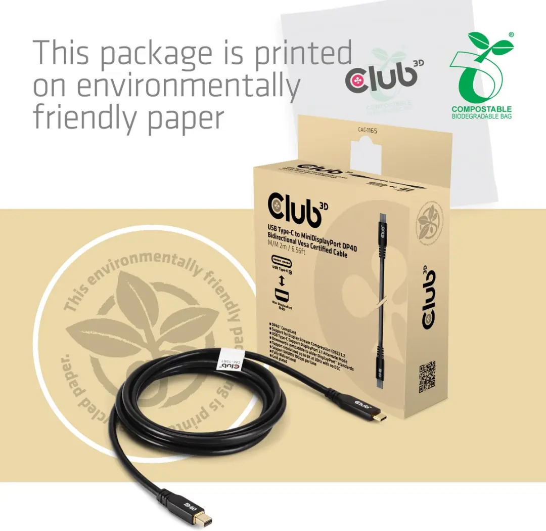 Club 3D CAC-1561 USB-C naar Mini DisplayPort Kabel 2m - Zwart