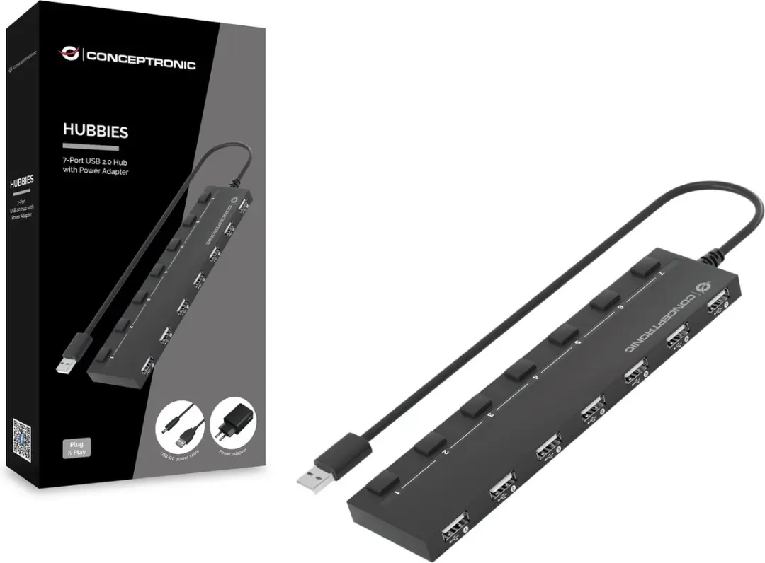 Conceptronic HUBBIES08BP USB 2.0 Hub 7 Poorten - Zwart