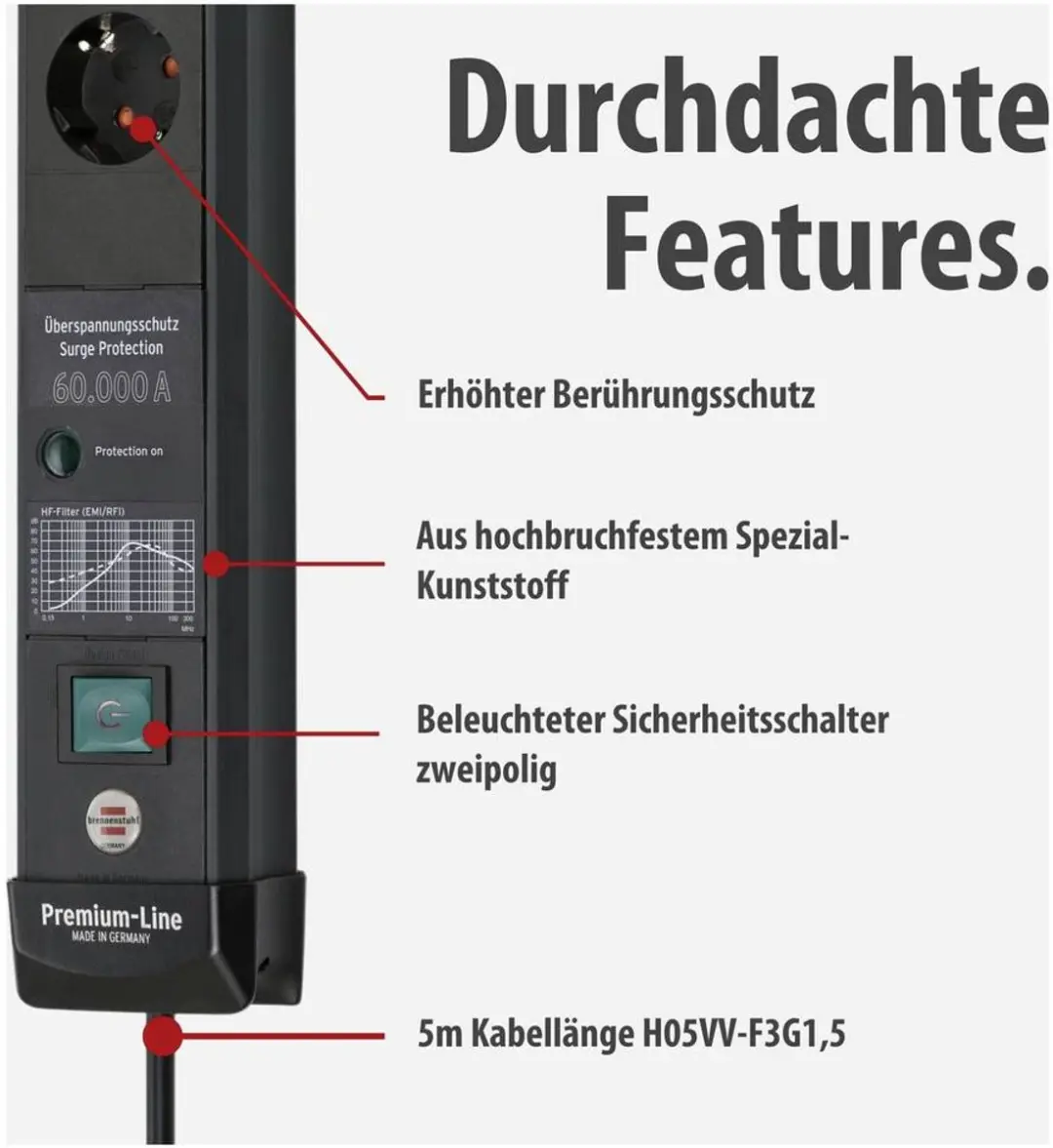 Brennenstuhl Premium-Line 60.000A Stekkerdoos 6-voudig - 5m
