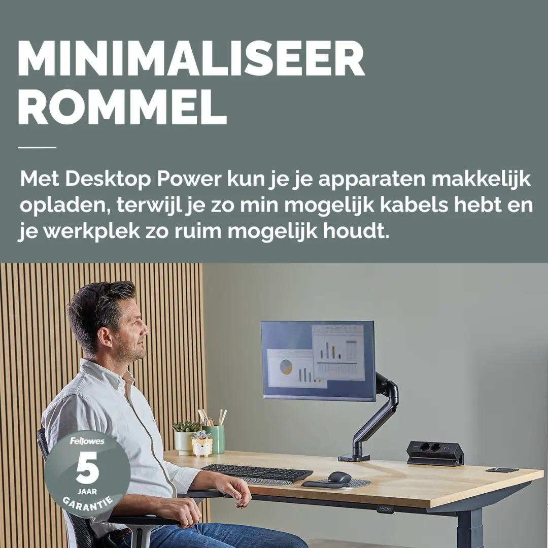 Fellowes Power Desk 2 Bureau Stopcontact - USB-C & USB-A 2M Zwart