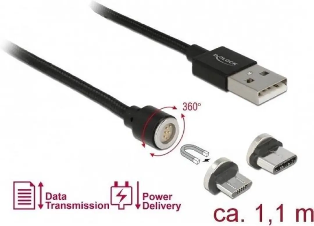 Delock Magnetic USB Kabelset Micro USB/USB-C - 1.1m - Zwart