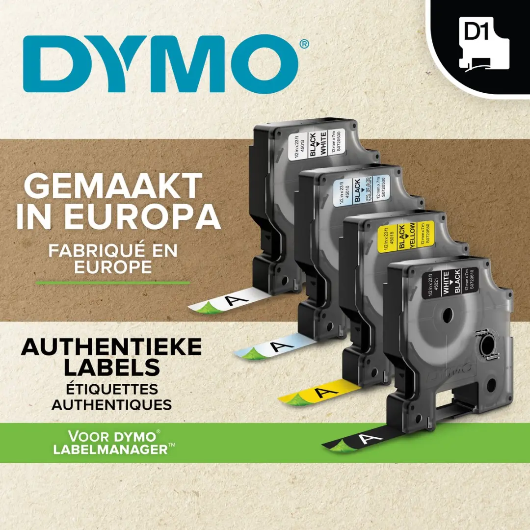 DYMO D1 S0720530 Zelfklevende Etiketten 12mm x 7m - Zwart/Wit