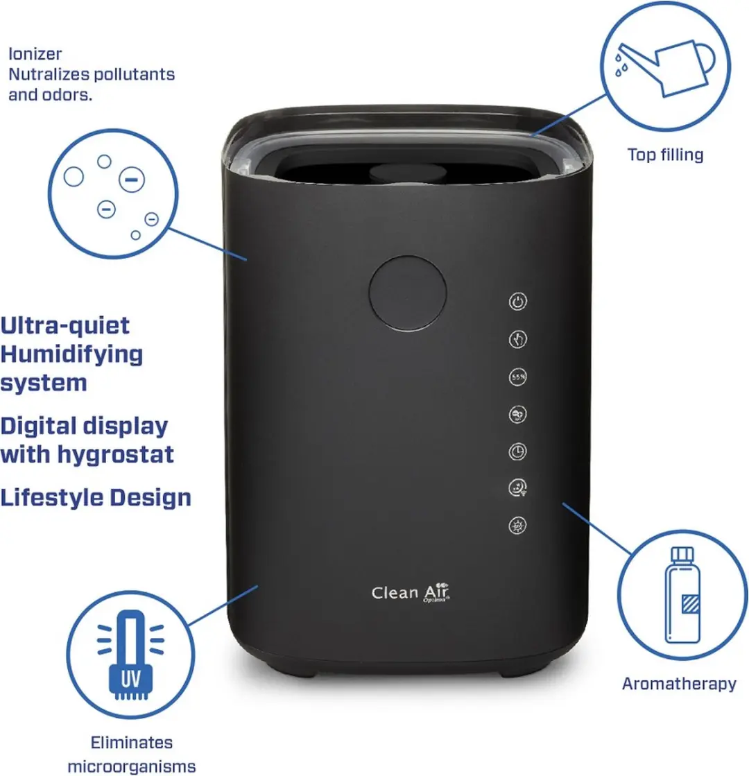 Clean Air Optima CA-604B Smart Luchtbevochtiger - 3-in-1 met Ionisator & UVC - 30W - 60m² - Zwart