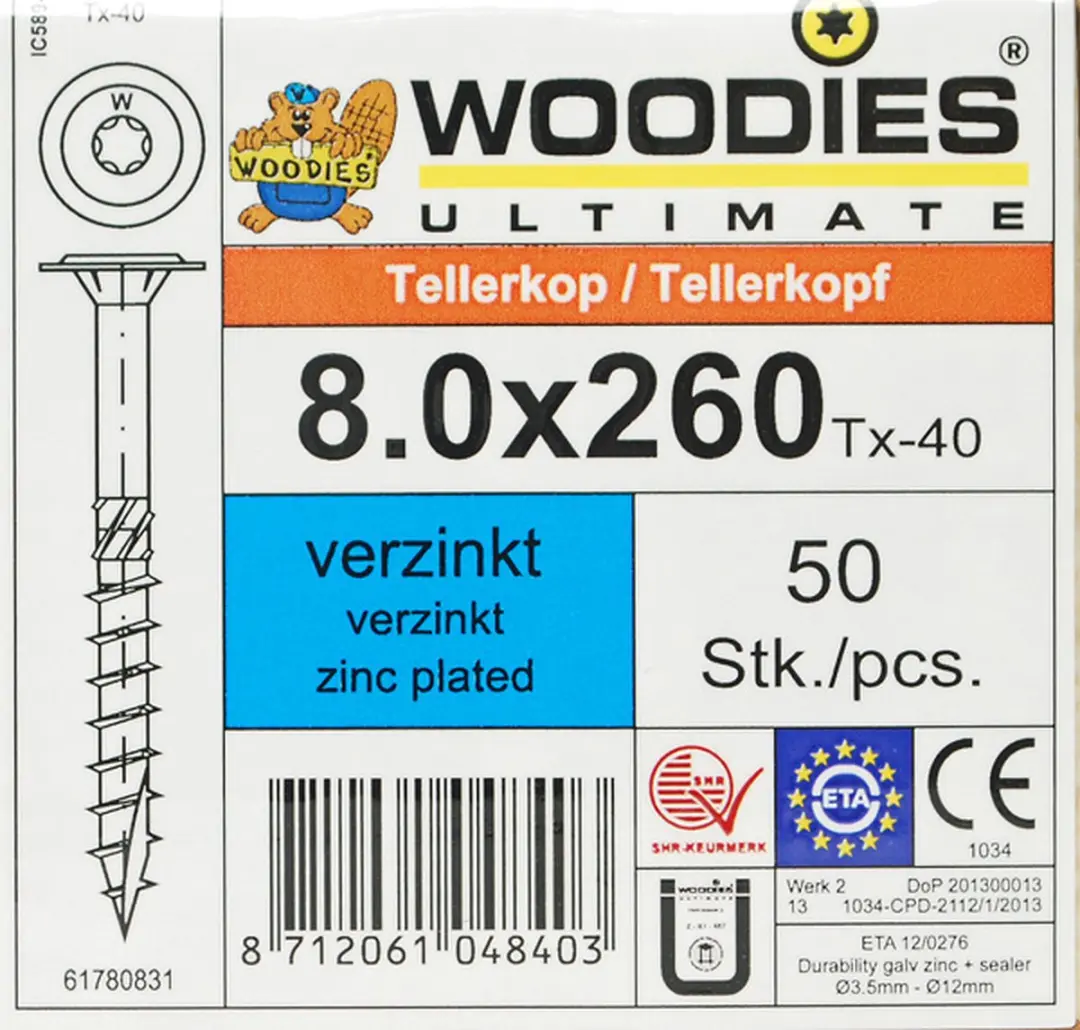 Woodies Tellerkopschroeven Torx 40 8x260mm - 50 Stuks