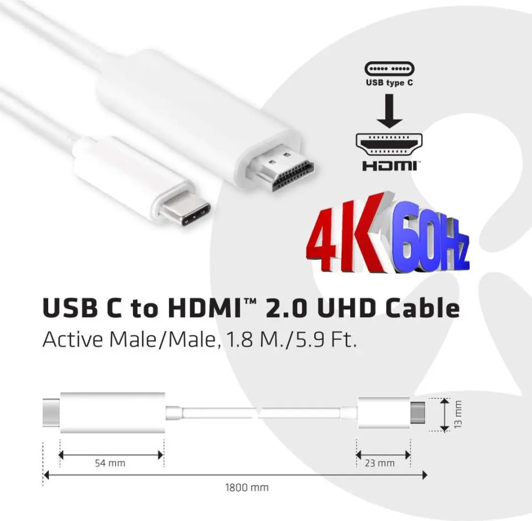 Club3D CAC-1514 USB-C naar HDMI Adapterkabel 1.8m - Wit